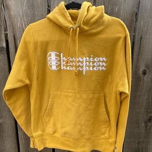 Women's Champion Sweatshirt Yellow Spell-Out Triple S Cotton Reverse Weave